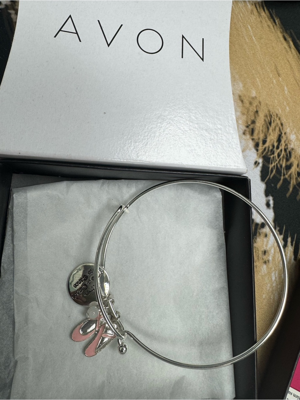 Avon Silver-Tone Bangle Bracelet with Pink Enamel Ballet Shoe Charms